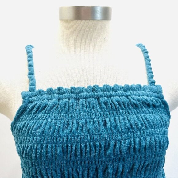 NWT SO Juniors Pullover Terry Cloth Smocked Peplum Turquoise Shirred Tank Large - Picture 2 of 12